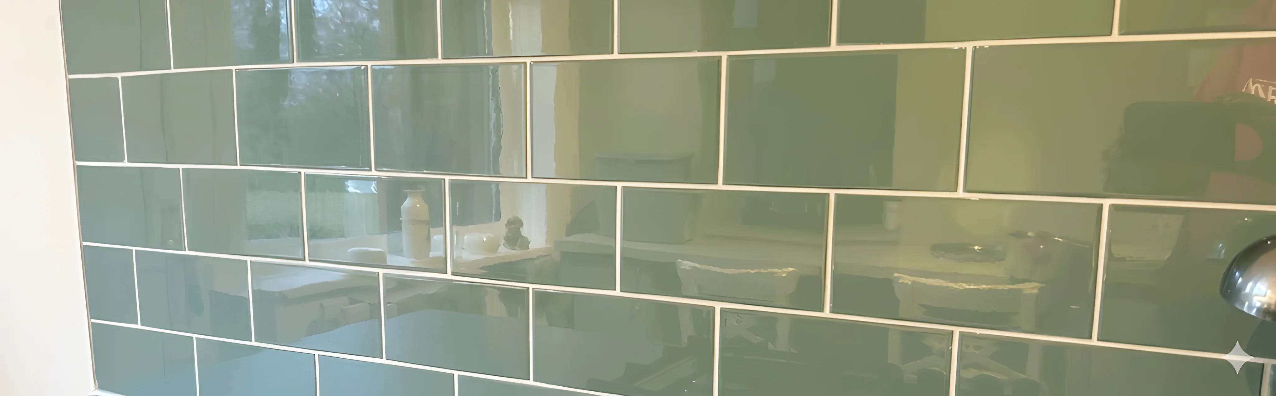 Glossy sage green subway tile splashback with clean plaster finish
