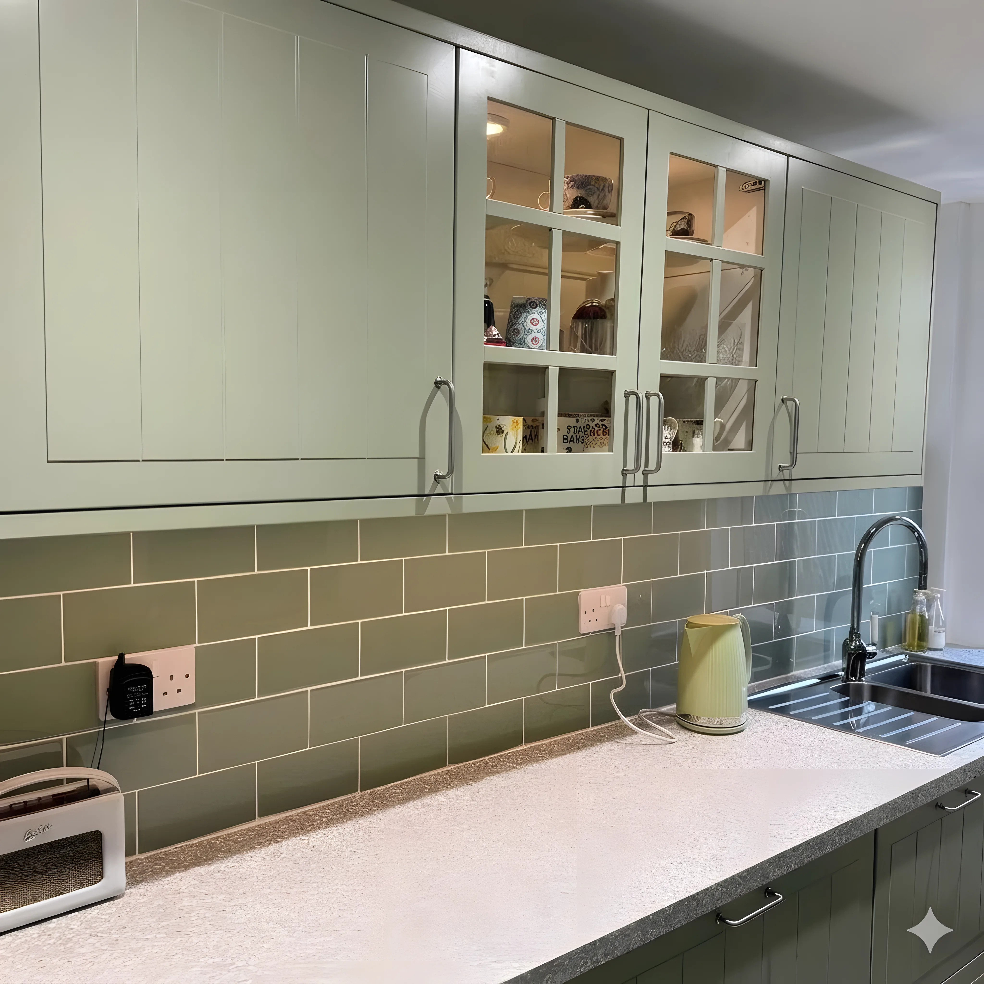 Sage green shaker kitchen cabinets with smooth plastered walls